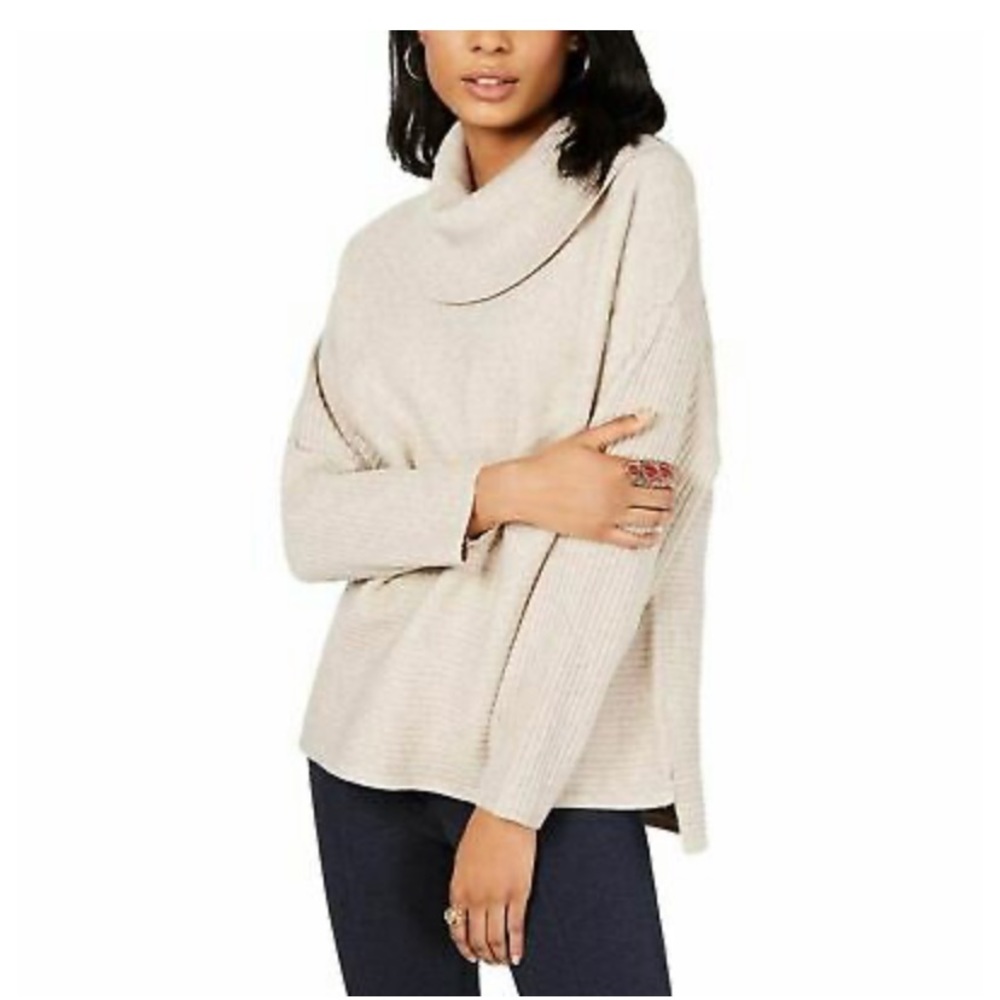 Cream high low step-hem cowl neck sweater